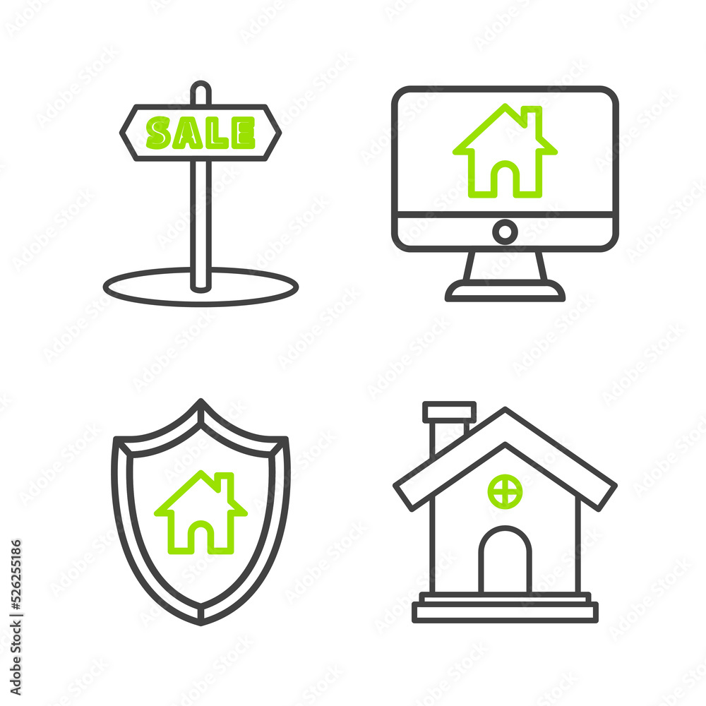 Set line House, with shield, Computer monitor smart home and Hanging sign text Sale icon. Vector Set line House, with shield, Computer monitor smart home and Hanging sign text Sale icon. Vector
