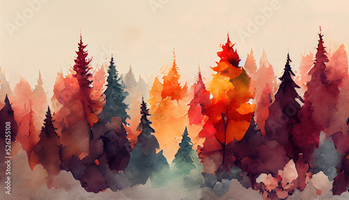 Autumn forest landscape. Colorful watercolor painting of fall season. Red and yellow trees. Beautiful leaves, pine trees. Minimal elegant flat scenery. Artistic natural scenery. Vintage pastel colors.
