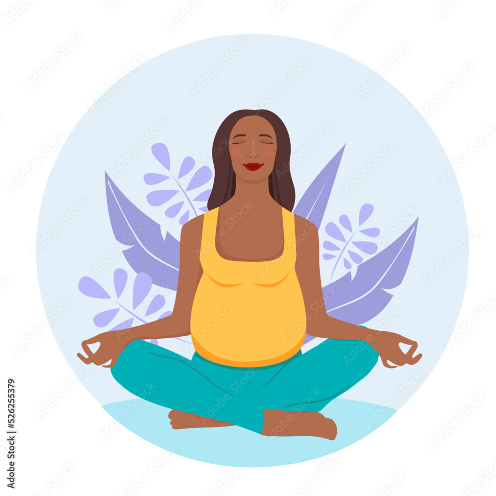 Pregnant dark-skinned woman meditating in nature. Illustration in flat style. Concept illustration for prenatal yoga, meditation, relax,  healthy lifestyle.