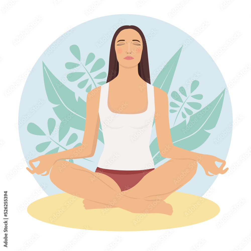Woman meditating in nature and leaves. Concept illustration for meditation, yoga, relax, recreation, healthy lifestyle. Vector illustration in flat style.
