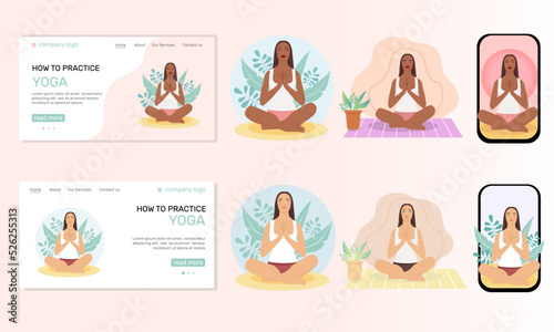 Woman meditating in nature and leaves and at home. Landing page,  illustration of the concept of a healthy lifestyle, physical exercises at home and outdoors, yoga classes.  Illustration set.