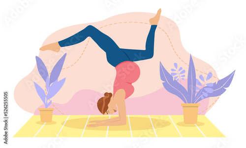 Pregnant woman meditating at home. Concept illustration for prenatal yoga, meditation, relax, recreation, healthy lifestyle. Illustration in flat cartoon style.