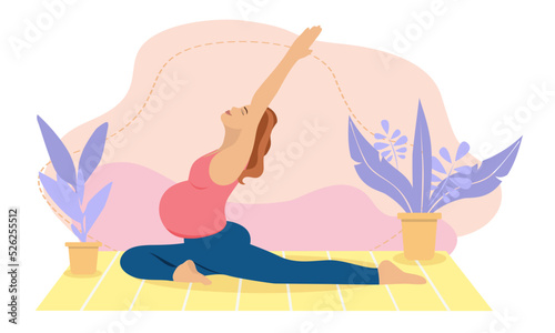 Pregnant woman meditating at home. Concept illustration for prenatal yoga, meditation, relax, recreation, healthy lifestyle. Illustration in flat cartoon style.