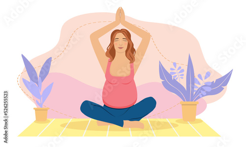 Pregnant woman meditating at home. Concept illustration for prenatal yoga, meditation, relax, recreation, healthy lifestyle. Illustration in flat cartoon style.