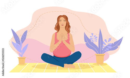 Pregnant woman meditating at home. Concept illustration for prenatal yoga, meditation, relax, recreation, healthy lifestyle. Illustration in flat cartoon style.