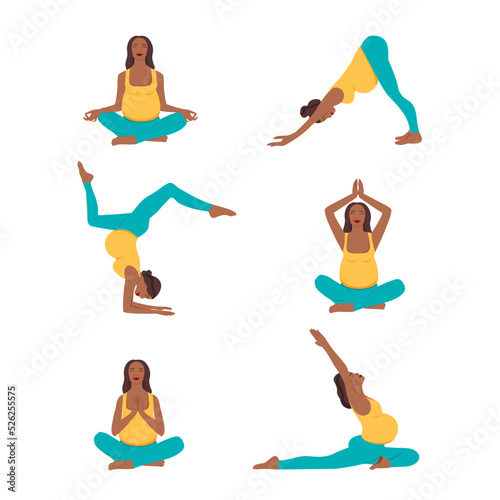Pregnant  woman doing yoga. Prenatal,  pregnancy yoga workouts set. Working out and fitness, pregnancy concept. Vector illustration set.