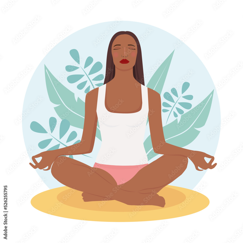 Native american woman meditating in nature and leaves. Concept illustration for meditation, yoga, relax, recreation, healthy lifestyle. Vector illustration in flat style.