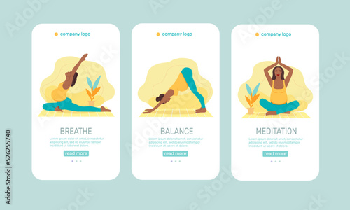 Yoga at home. Woman doing yoga in cozy modern interior. Mobile app design template. Vector illustration in flat style