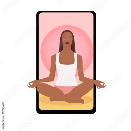 Woman meditating on nature displayed on the smartphone screen. Concept illustration for yoga healthy lifestyle. Illustration in flat cartoon style.