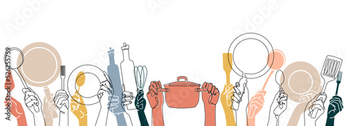 Cooking Background. Kitchen pattern. People holding different utensils. Restaurant poster. Vector illustration. 