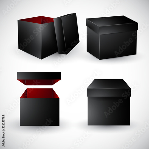 Black box packaging. Top view open and closed gift presentation boxes. Empty cardboard black carton package 3d vector mockup.
