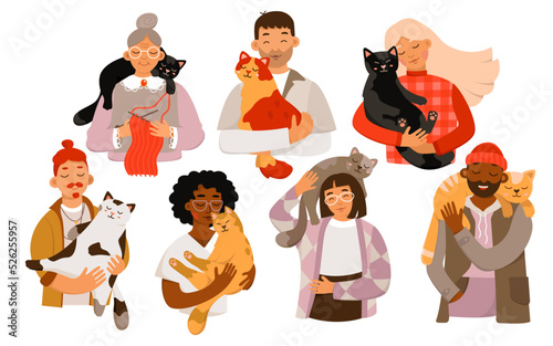 Pet owners holding cats set vector illustration. Cartoon isolated portraits of happy young and old characters hold and hug cute domestic animals, man and woman carrying little kitty on shoulders