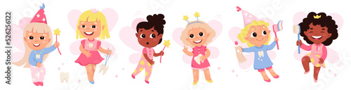 Cartoon isolated princess girls with crown and dresses holding toothpaste and toothbrush, first teeth of baby and magic wand, happy godmother with wings flying. Tooth fairy set vector illustration