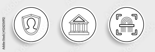 Set line Fingerprint, User protection and Courthouse building icon. Vector