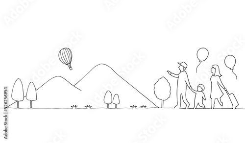 旅行をするファミリーと田舎の風景の線画イラスト