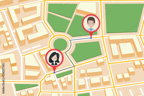 Map with pin markers showing GPS location of people or friends in the city with direction