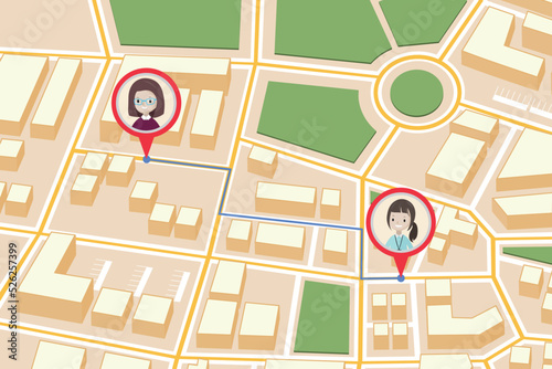 Map with pin markers showing GPS location of people or friends in the city with direction