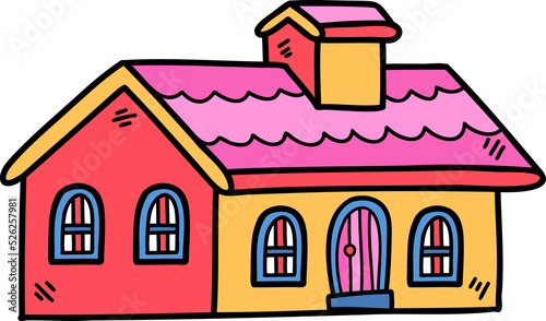 hand drawn cute one storey house illustration on transparent background