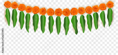 Marigold flowers Mango leaves Hanging decoration isolated for Hindu Festivals Diwali. Realistic Traditional household décor with shadow for auspicious occasions. Graphic resource vector illustration
