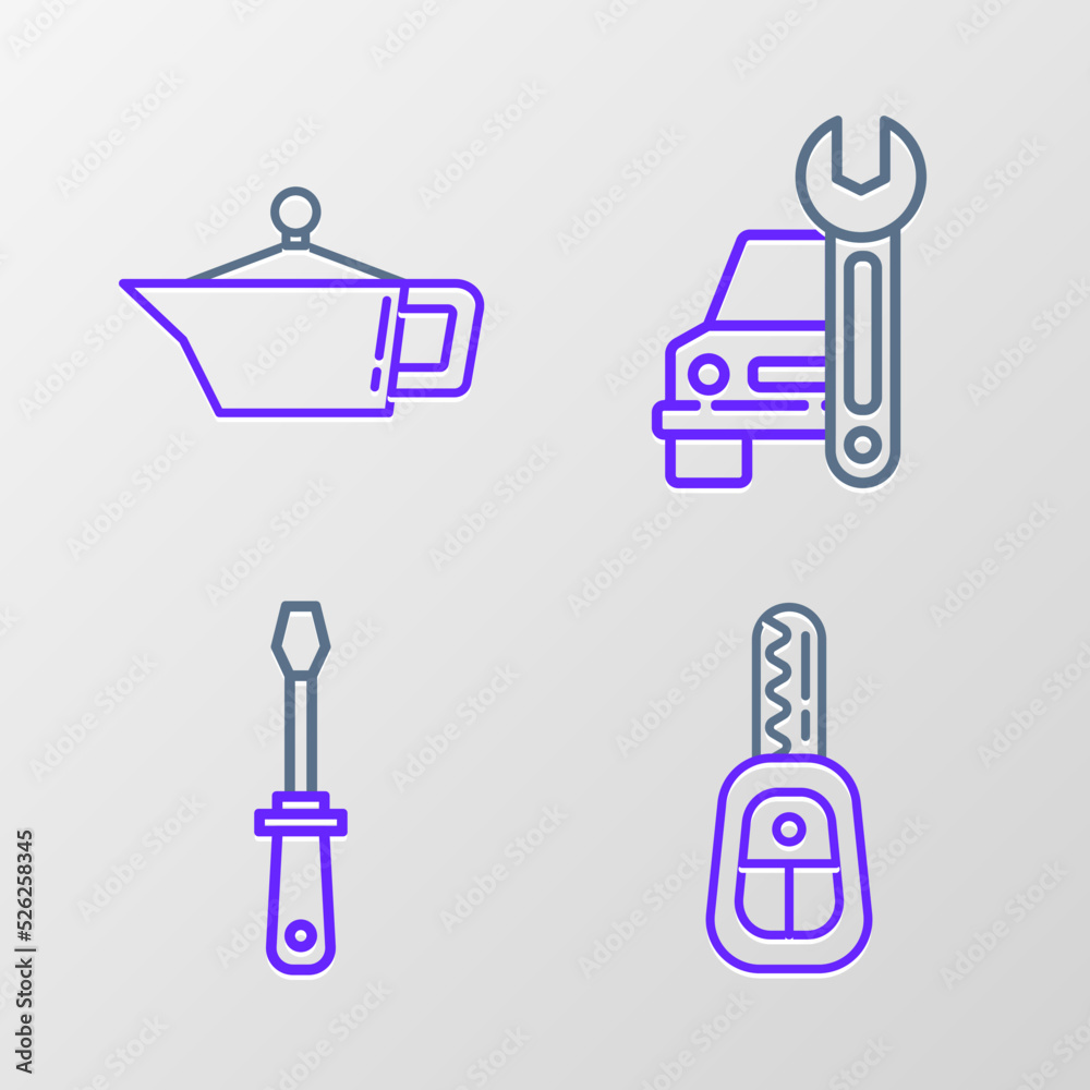 Set line Car key with remote, Screwdriver, service and Canister for motor machine oil icon. Vector Set line Car key with remote, Screwdriver, service and Canister for motor machine oil icon. Vector