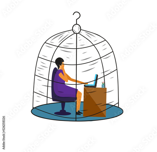 Bored business woman working in birdcage