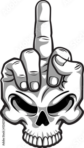 cartoon style human skull morfing in to hand showing middle finger