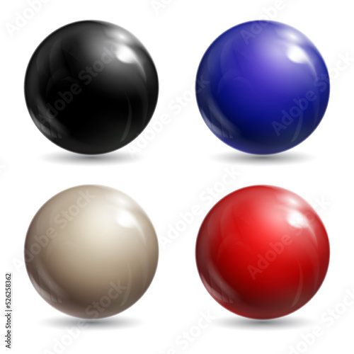 Set of colorful balls with shadows from below realistic vector isolated on white background. Shiny, metallic spheres with various light reflections on chrome surface 3d illustrations collection 