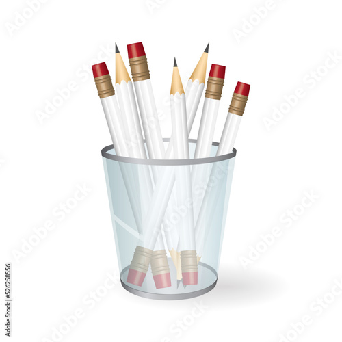 White pencils in holder basket, drawing equipment in a grille office organizer box, metal grid clerical vase. vector
