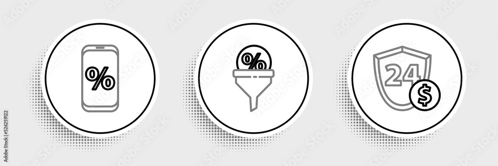 Set line Shield with dollar, Percent discount and mobile and Lead management icon. Vector Set line Shield with dollar, Percent discount and mobile and Lead management icon. Vector