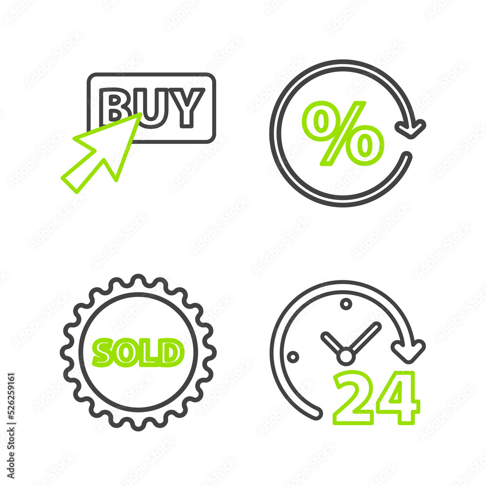 Set line Clock 24 hours, Sold label, Discount percent tag and Buy button icon. Vector Set line Clock 24 hours, Sold label, Discount percent tag and Buy button icon. Vector