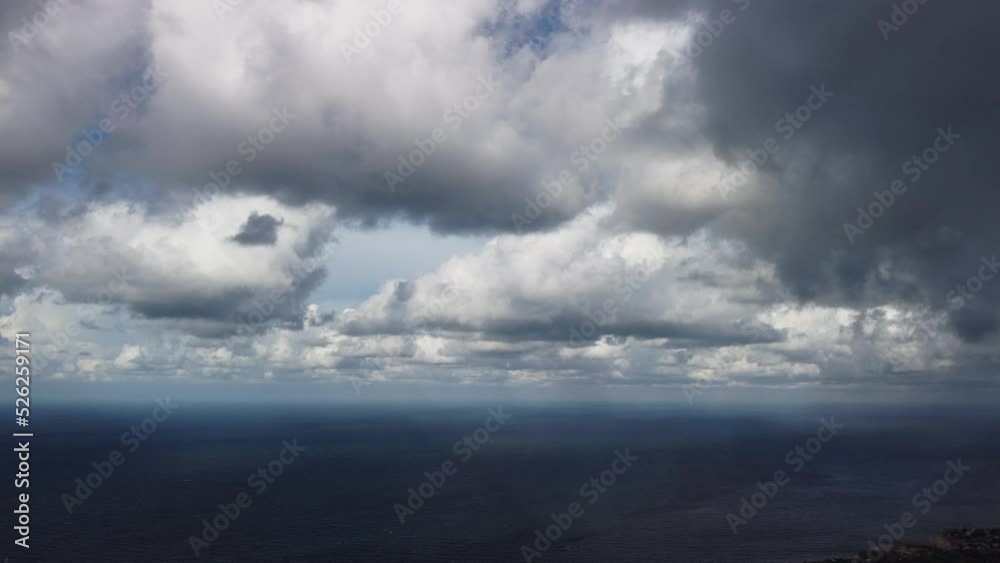 Abstract airy sky with moving plump clouds over the sea ocean. Small waves on clear water surface bokeh lights from sunrise. Holiday, vacation and recreational concept Abstract airy sky with moving plump clouds over the sea ocean. Small waves on clear water surface bokeh lights from sunrise. Holiday, vacation and recreational concept