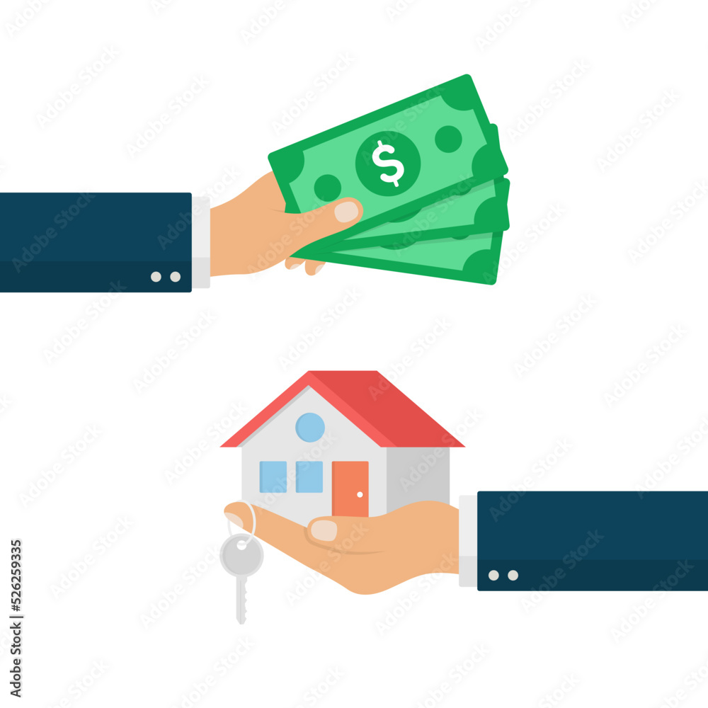 Invest in Property Concept. Hand Holding Money and Hand Over a House Key. Buy Home. Sell Home.