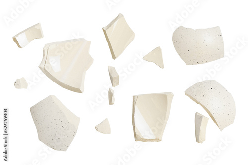 Foto Set of ceramic fragments of broken vase isolated