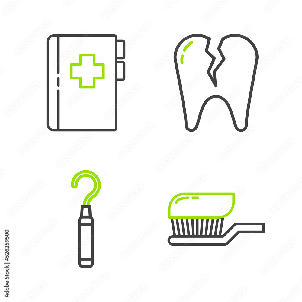 Set line Toothbrush with toothpaste, Dental explorer scaler for teeth, Broken and Clipboard dental card icon. Vector Set line Toothbrush with toothpaste, Dental explorer scaler for teeth, Broken and Clipboard dental card icon. Vector