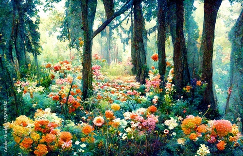 A picture of colorful flowers blooming in the forest.