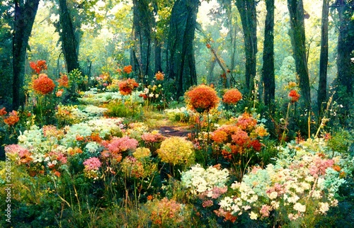 A scene in a forest with many flowers in bloom.