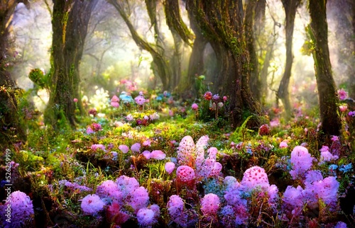 CG illustration of a scene in a forest with many imaginary purple flowers in bloom.