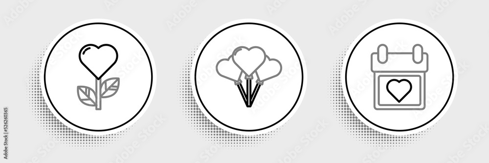 Set line Calendar with heart, Heart shape in flower and Balloons form of icon. Vector Set line Calendar with heart, Heart shape in flower and Balloons form of icon. Vector