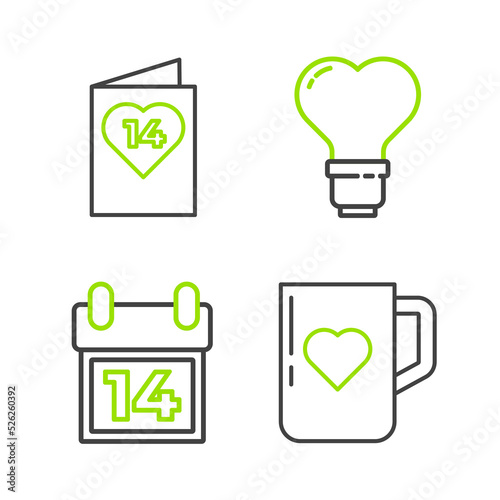 Set line Coffee cup and heart, Calendar with February 14, Heart shape in light bulb and Valentines day flyer icon. Vector