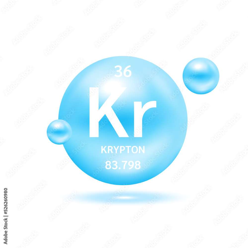Krypton molecule models blue and chemical formulas scientific element. Natural gas. Ecology and biochemistry concept. Isolated spheres on white background. 3D Vector Illustration. Krypton molecule models blue and chemical formulas scientific element. Natural gas. Ecology and biochemistry concept. Isolated spheres on white background. 3D Vector Illustration.