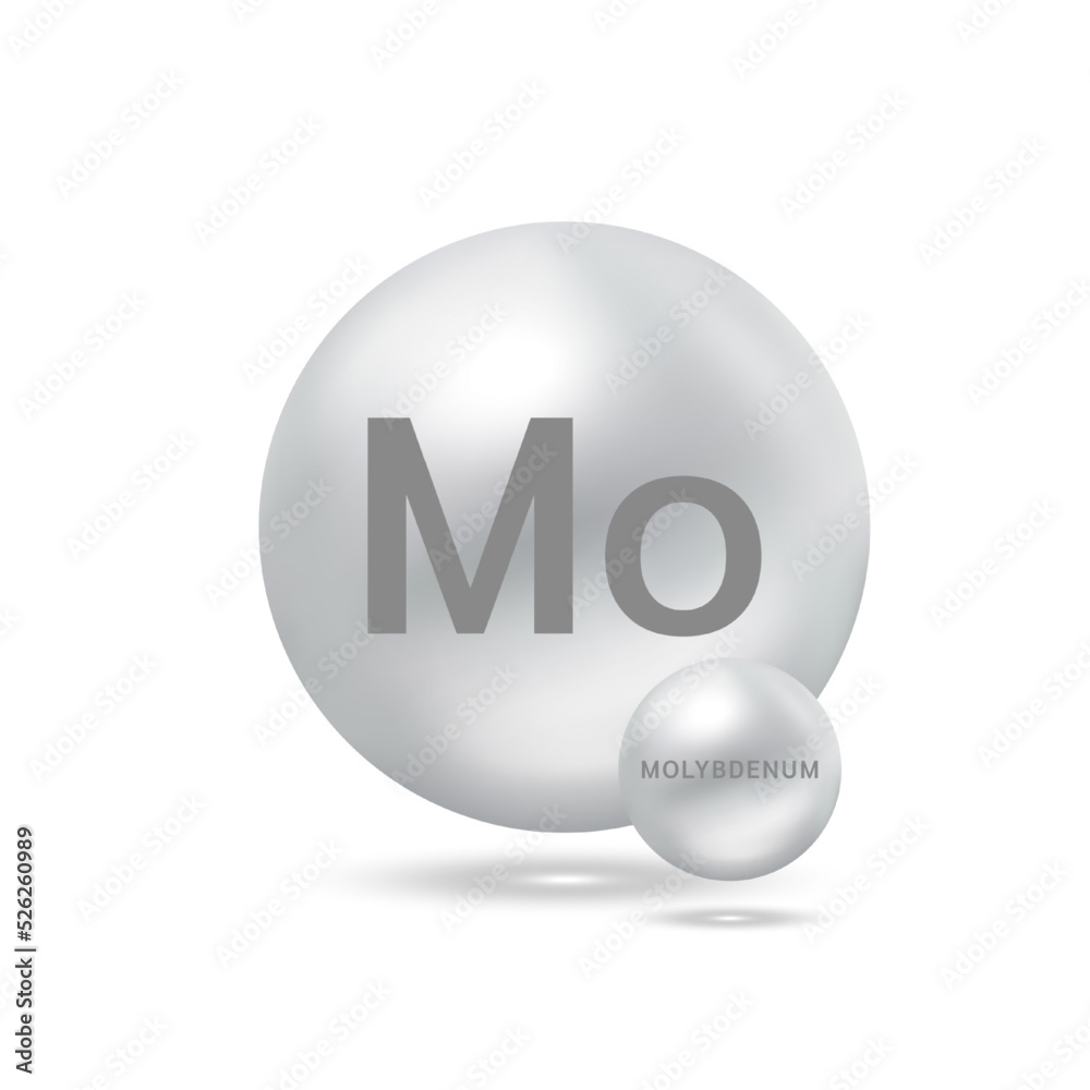 Molybdenum molecule models silver. Ecology and biochemistry concept. Isolated spheres on white background. 3D Vector Illustration. Molybdenum molecule models silver. Ecology and biochemistry concept. Isolated spheres on white background. 3D Vector Illustration.