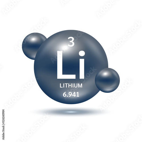 Lithium molecule models black and chemical formulas scientific element. Natural gas.  Ecology and biochemistry concept. Isolated spheres on white background. 3D Vector Illustration.