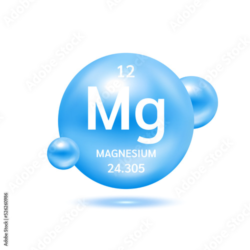 Magnesium molecule models blue and chemical formulas scientific element.  Ecology and biochemistry concept. Isolated spheres on white background. 3D Vector Illustration.