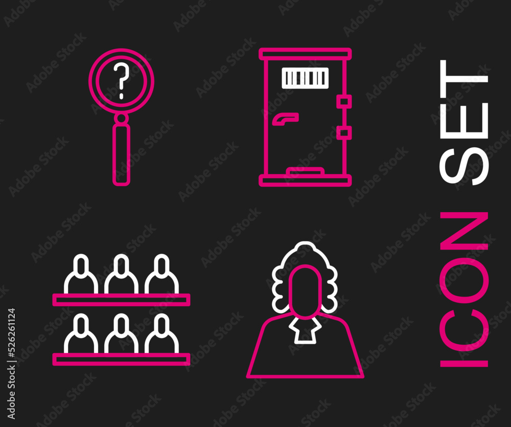 Set line Judge, Jurors, Prison cell door and Magnifying glass with search icon. Vector Set line Judge, Jurors, Prison cell door and Magnifying glass with search icon. Vector