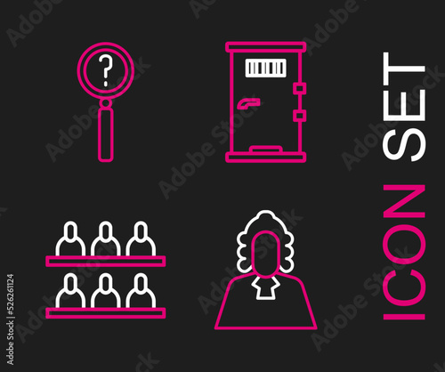 Set line Judge, Jurors, Prison cell door and Magnifying glass with search icon. Vector
