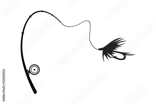 Fly fishing lure and fishing rod design vector flat isolated illustration