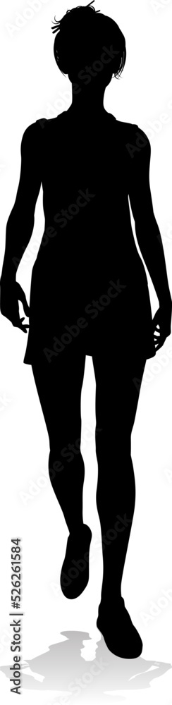 A silhouette woman from the front walking wearing a dress