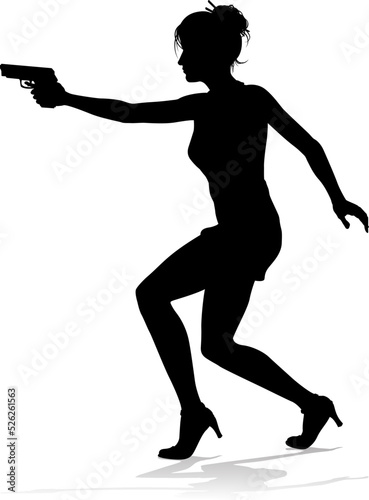 An action hero female movie star woman in silhouette. In a hitman, spy or secret agent detective type role halding a hand gun.
