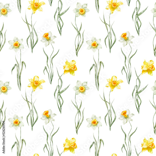 Watercolor seamless pattern - Garden flowers  daffodils  narcissus