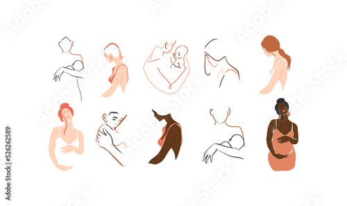 Hand drawn vector abstract stock graphic contemporary line art,aesthetic fashion illustrations collection set with beautiful modern pregnant woman with a newborn in simple trendy style,for branding.